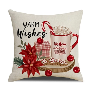 Nordic Christmas linen pillowcase with festive floral patterns and Warm Wishes print