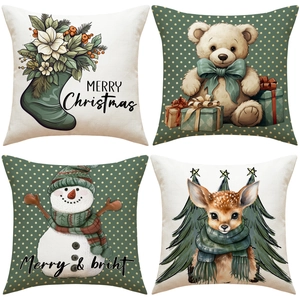 Christmas Cushion Covers Linen Blend Decorative Square Throw Pillow Case Cartoon Bear Snowman Reindeer Holiday Home Decor