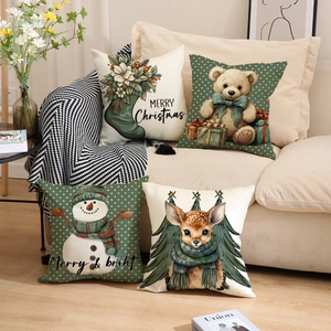 Set of four Christmas throw pillow covers featuring festive bear, deer, and snowman prints
