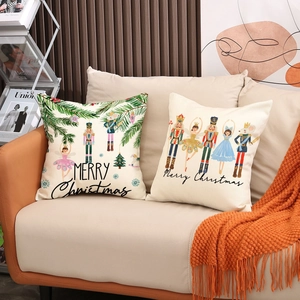 Nutcracker Christmas pillow covers with festive patterns on a cozy warm sofa setup