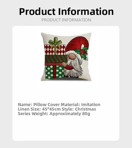 Detail of Christmas gnome pillowcase in faux linen material with vivid holiday print