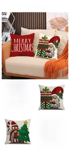 Detailed view of four festive Christmas pillow covers with holiday patterns and art text
