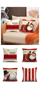 Detailed view of four Christmas pillow covers with Santa and snowman prints on linen fabric