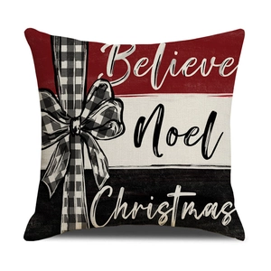 Housse de coussin Noël avec texte Believe Noel, blocs tricolores et motif de nœud