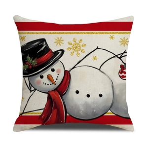 Christmas snowman pillow cover with red scarf and stripes on faux linen texture