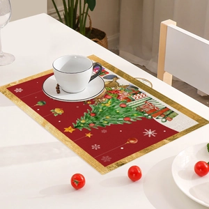 Set di tovagliette natalizie in lino con albero rosso e motivi a fiocchi