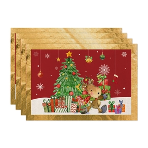 Set di 6 tovagliette natalizie in lino con motivi rossi di renne e alberi di Natale