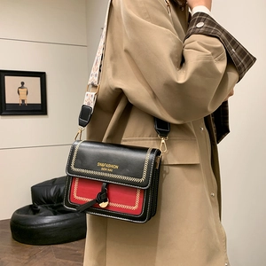 Retro red and black square crossbody bag with ethnic print strap and contrast stitching
