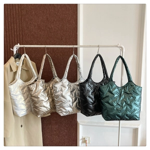 Quilted puffer tote bags in metallic silver and black, winter down cotton shoulder bags