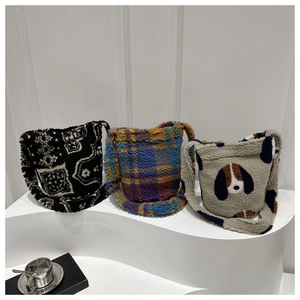 Sacs seau en laine d'agneau pelucheuse aux motifs géométriques, à carreaux et à chien