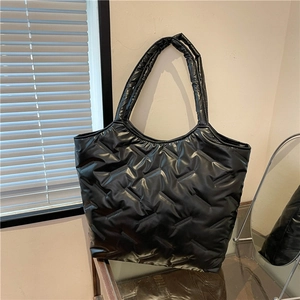 Women Large Capacity Metallic Quilted Puffer Tote Bag Glossy Nylon Shoulder Bag Fashion Padded Handbag Travel Commuter Bag