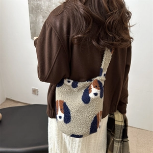 Sac cabas d'hiver en polaire avec motif de chien mignon pour femme style décontracté