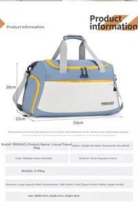 Detailed view of large travel bag with water-resistant fabric and 53x23x28cm dimensions