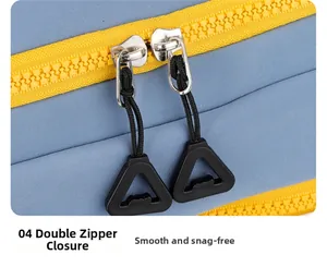 Close-up of smooth blue and yellow dual zipper closure on durable travel bag