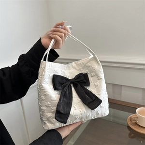 Sac Fourre-tout Doux pour Femmes Gaufré d'Étoiles Nœud Contrasté Sac à Épaule Élégant École Travail Sac à Main Grande Capacité