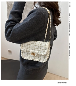 Detail of tweed crossbody bag with gold metal buckle and fringe trim in beige and green
