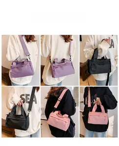 Collage of fashion nylon shoulder bags in purple, black and pink with adjustable straps