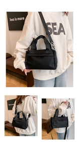 Multiple views of a black lightweight nylon crossbody bag with adjustable wide strap