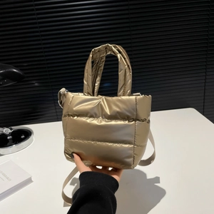 Women Metallic Quilted Puffer Crossbody Bag Fashion Puffy Small Square Handbag With Adjustable Strap For Daily Street Style