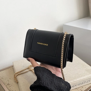 Women's Fashion PU Leather Small Square Bag With Gold Metal Chain Strap Minimalist Letter Print Mini Shoulder Crossbody Bag