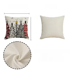 Detail of 18x18 inch linen Christmas tree pillow cover with digital print and fabric texture