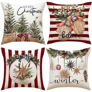 Federa Per Cuscino Quadrata In Misto Lino Con Motivo Di Albero Di Natale E Fiocco Di Neve Per Decorazione Divano Soggiorno