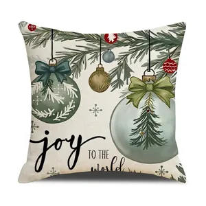Linen Christmas pillow case with Joy to the World print and festive tree ornaments