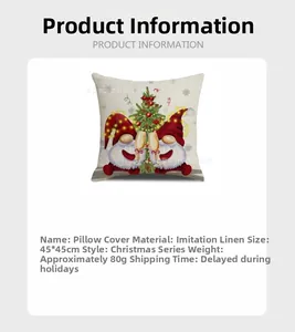 Detail of 45x45cm faux linen Christmas gnome pillow cover with high-quality festive prints