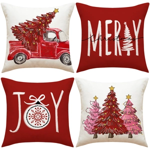 Fodera per Cuscino in Misto Lino Natalizio Camion Rosso Merry Christmas JOY Motivo Stampato Federa Decorativa per Divano Casa Arredamento Festivo