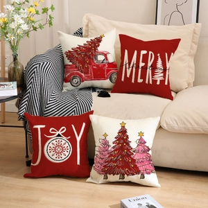 Set di 4 federe natalizie in lino rosso con stampe festive per decorazione divano