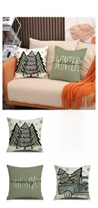 Detail of Christmas linen pillow covers with vintage truck and winter letter patterns