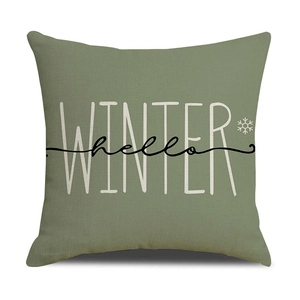 Linen Christmas pillow with winter hello print in sage green for festive sofa decor