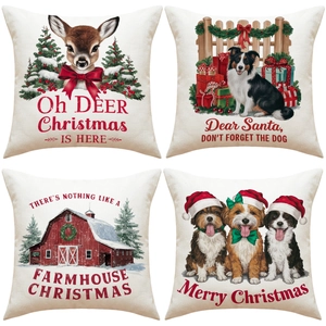 Weihnachten Kissenbezug Leinenmischung Quadratisch Cartoon Tier Hirsch Hund Druck Kissenhülle Für Zuhause Sofa Deko