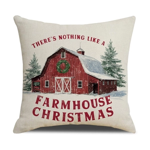 Quadratisches Leinenkissen im Farmhaus-Stil mit roter Scheune und Weihnachtsaufdruck