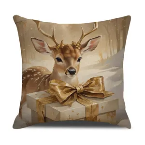 Housse de coussin de Noël avec imprimé renne et cadeaux sur tissu texturé