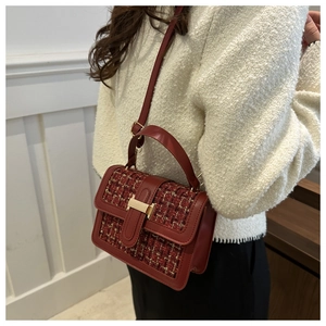 Close-up of red tweed crossbody bag with gold metallic lock and leather trim on model