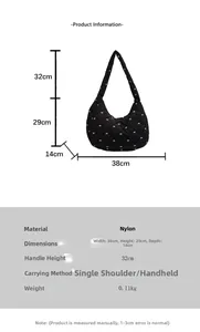 Detaillierte Größentabelle für schwarze gesteppte Nylon-Einkaufstasche mit Schleifen
