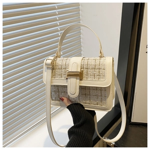 Close-up of minimalist square handbag with tweed panel and gold metal buckle detail