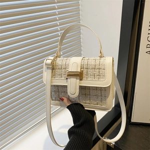 Tweed PU Leather Shoulder Bag With Top Handle And Gold Clasp French Retro Elegant Crossbody Square Handbag For Women