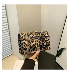 Close-up of leopard print crossbody bag featuring gold oval buckle and chain strap