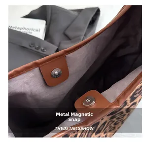 Detailed close-up of leopard print tote bag with silver magnetic snap button closure