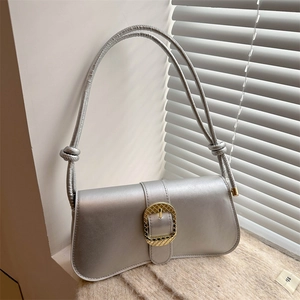 Women PU Leather Shoulder Bag Metal Buckle Flap Underarm Bag Knot Strap Daily Dating Fashion Versatile Solid Color Handbag