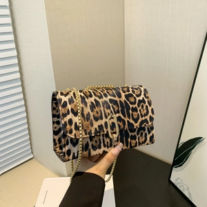 Fashion Women Leopard Print PU Leather Shoulder Bag Retro Gold Chain Square Crossbody Bag With Oval Metal Lock Trendy Handbag