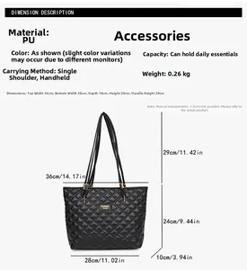 Detailed size chart for black quilted tote bag with exact dimensions and strap height
