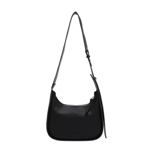 Retro black crescent shoulder bag in smooth vegan leather with an adjustable strap