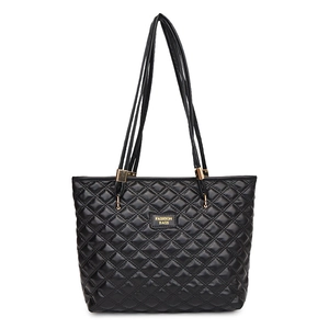 Classic black quilted tote bag with diamond stitching and adjustable gold-tone shoulder straps