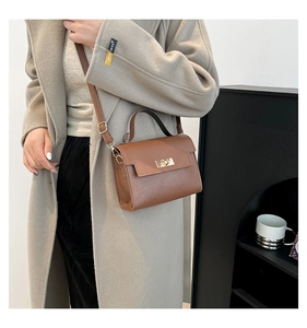 Close-up of brown pebbled leather texture and golden metal twist lock on the mini handbag