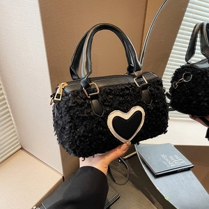 Plush Lambswool Cylinder Shoulder Bag Heart Pattern Contrast Leather Handle Crossbody Handbag For Women Sweet Winter Fashion