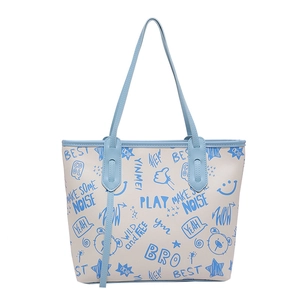Sac fourre-tout blanc cassé avec imprimés graffiti d'ours bleus et anses pour femmes