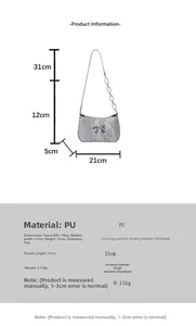 Detailed size chart for the silver crescent shoulder bag with PU texture dimensions